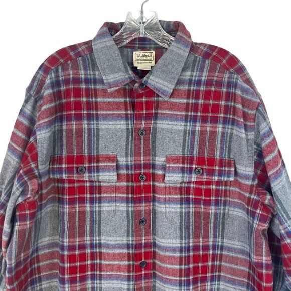 LL Bean Vintage Button Front Flannel Shirt Mens XL Red Gray Plaid - Picture 3 of 9